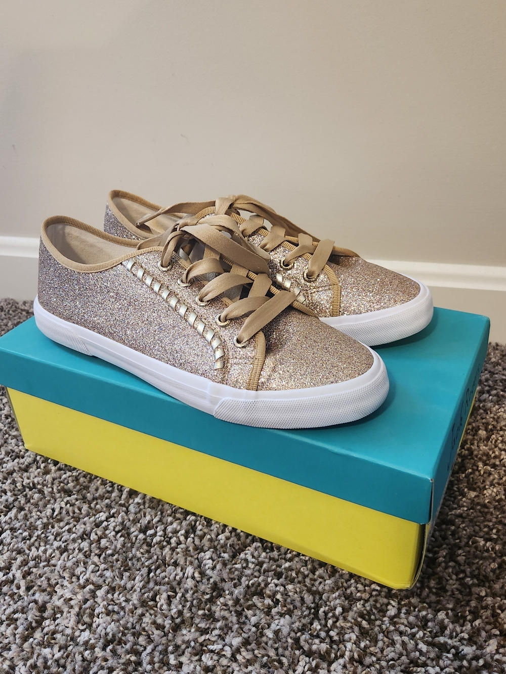 Jack Rogers Gold Glitter Lace-Up Sneakers with Ribbon Laces